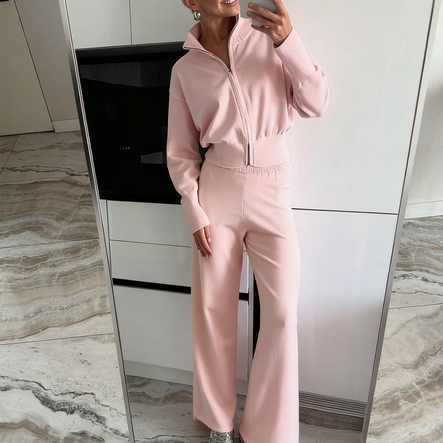 Lapel Double-headed Zipper Knitted Trousers Suit Fashion Slim Casual