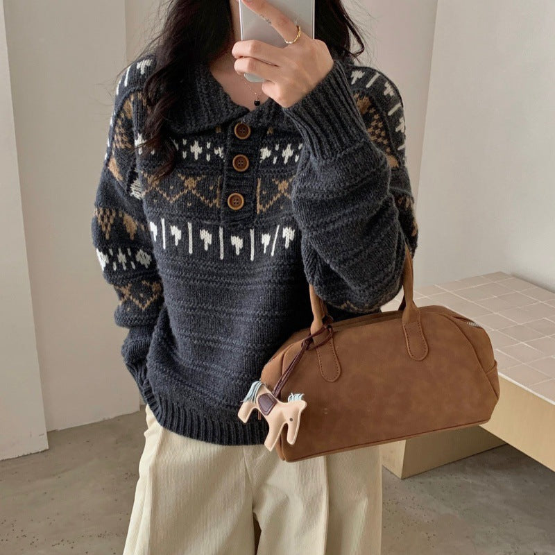 Fair Isle Jacquard Soft Long Sleeve Knit Sweater Coat