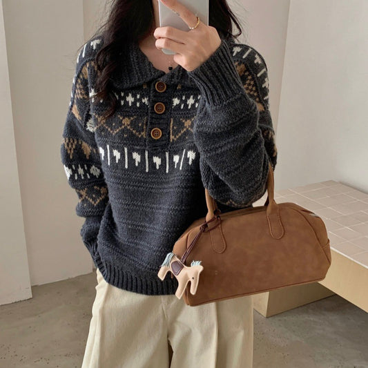 Fair Isle Jacquard Soft Long Sleeve Knit Sweater Coat