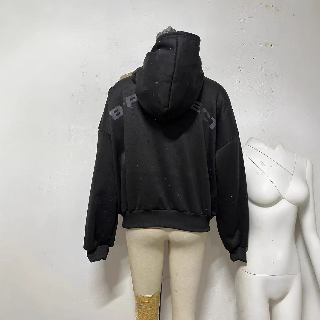 Langærmet par-sweatshirt med hot drilling-tryk og hætte