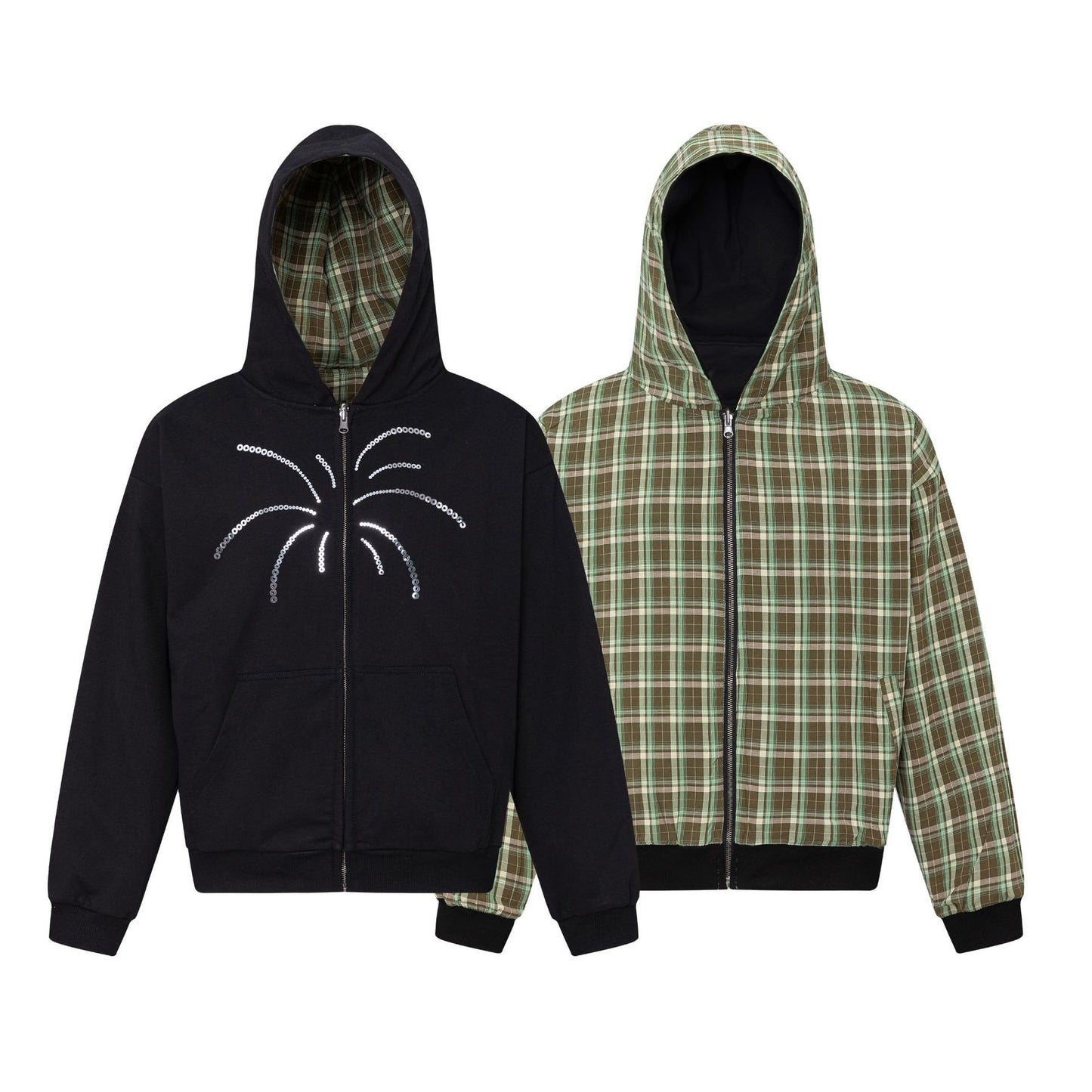 Sequins Hooded Cardigan American Plaid Two-sided Sweater