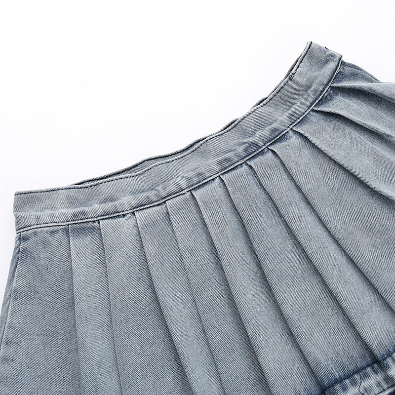 Casual High Waist Pleated Denim Skirt For Women