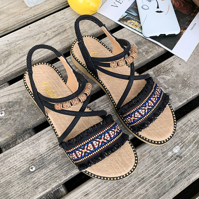 Flat Sandals, All-match One-word Buckle Strap, Fairy Ethnic Style Slope With Roman Sandals