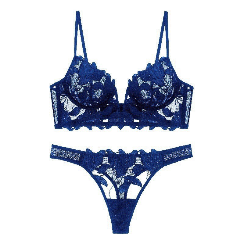 European And American Underwear Gathered Deep V Three-dimensional Embroidery Mesh