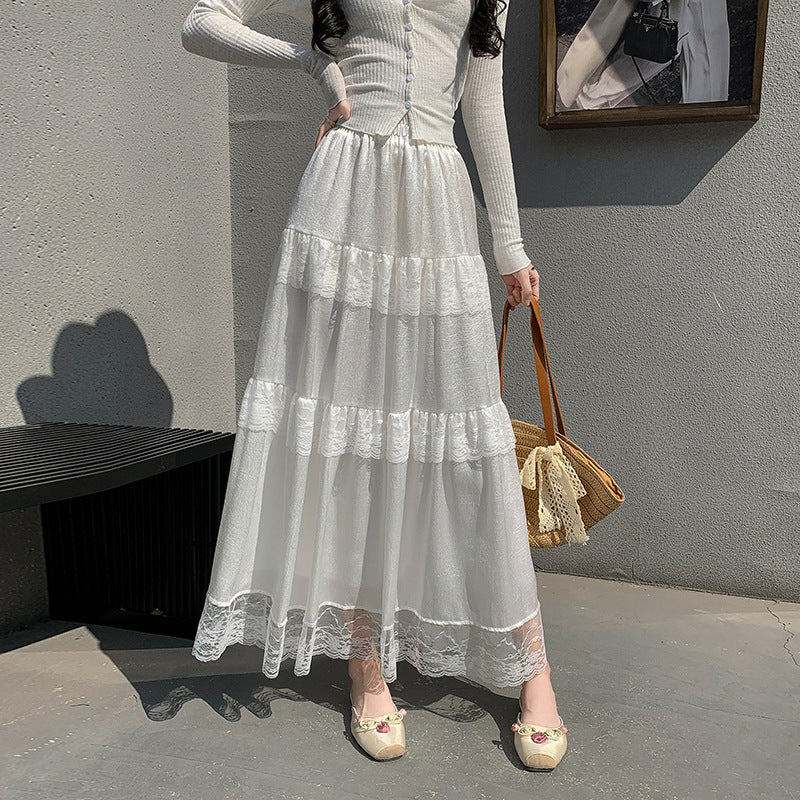 French Style Gentle Ruffled Lace Stitching Tiered Skirt