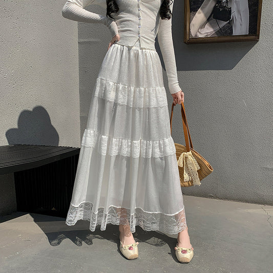 French Style Gentle Ruffled Lace Stitching Tiered Skirt