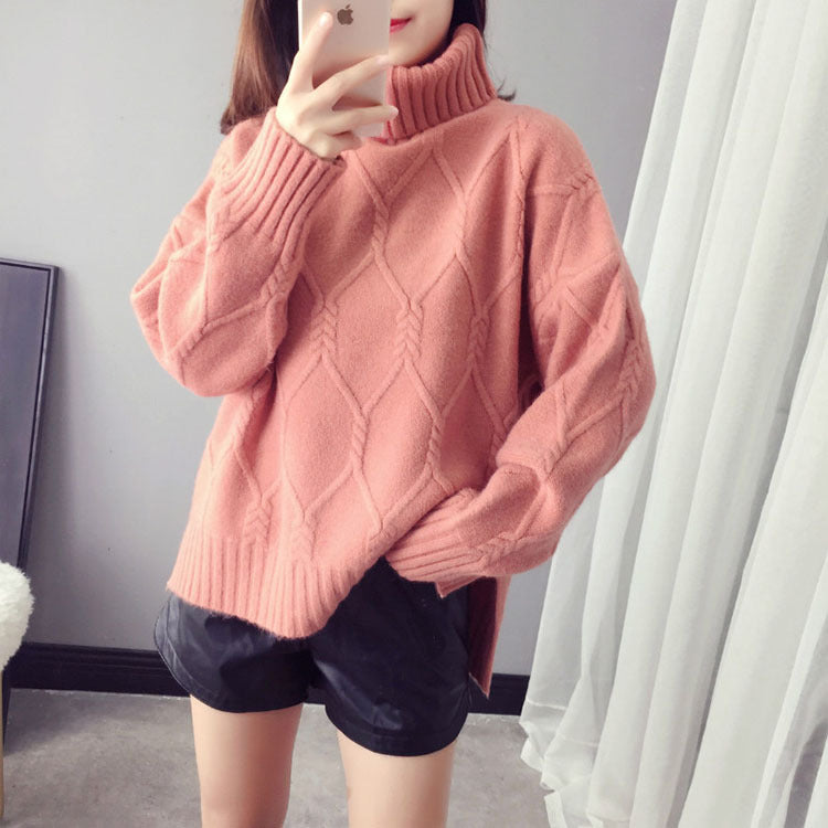 Cable-knit Sweater Women's Lapel Long Sleeve Diamond Lattice