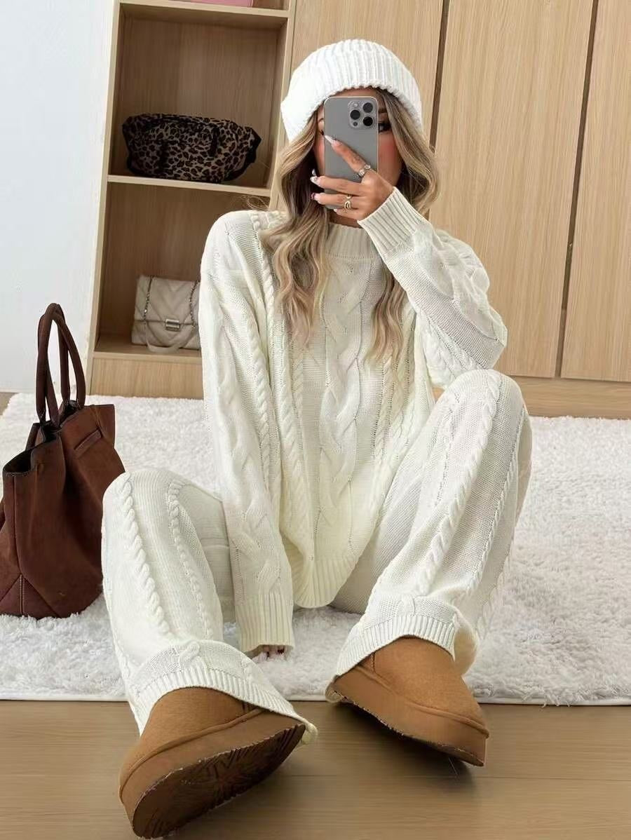 Womens Cable-Knit Knitwear Set With Wide-Leg Pants And A Relaxed Fit