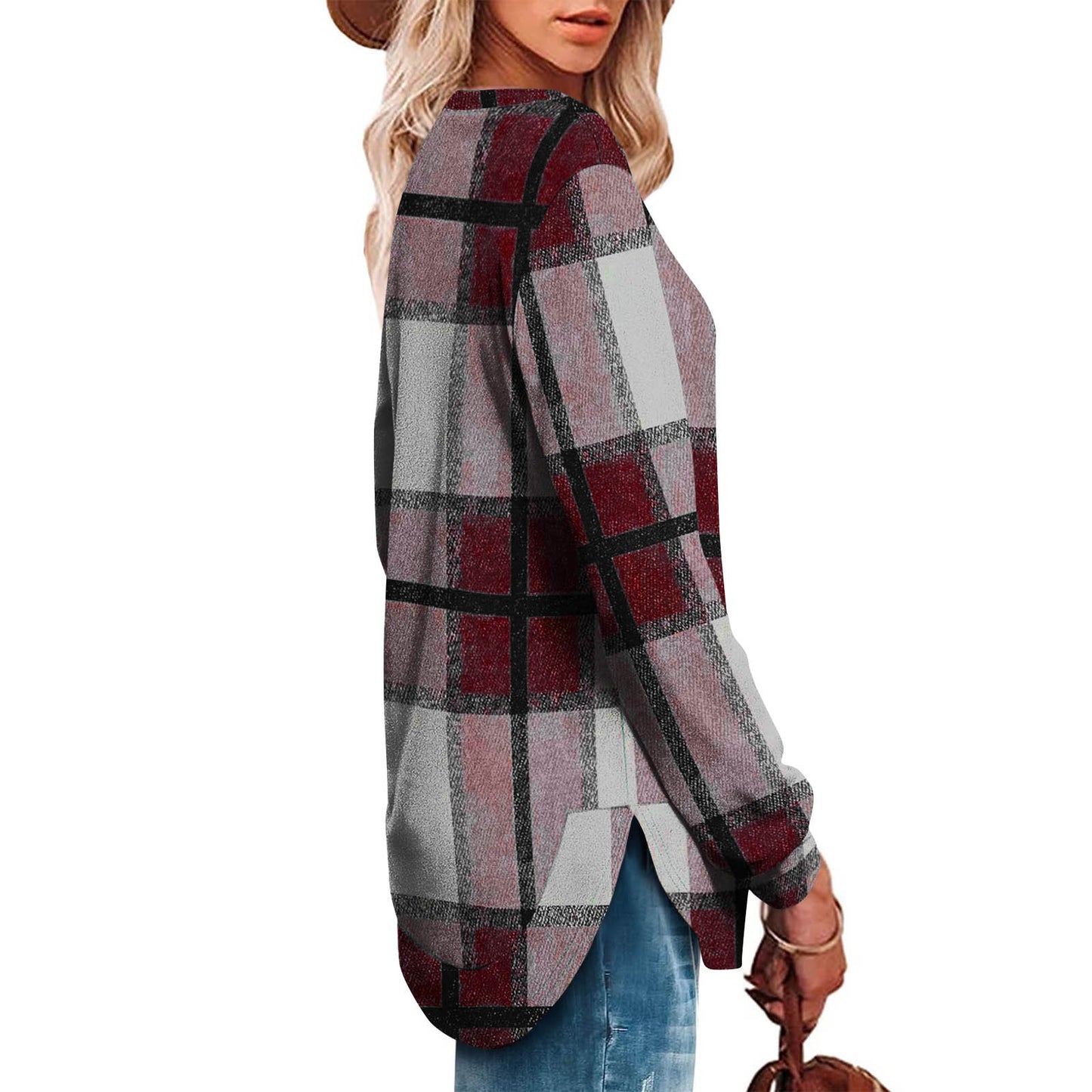 Women's Casual Loose Plaid Long Sleeve Round Neck Irregular Bottoming Shirt Top