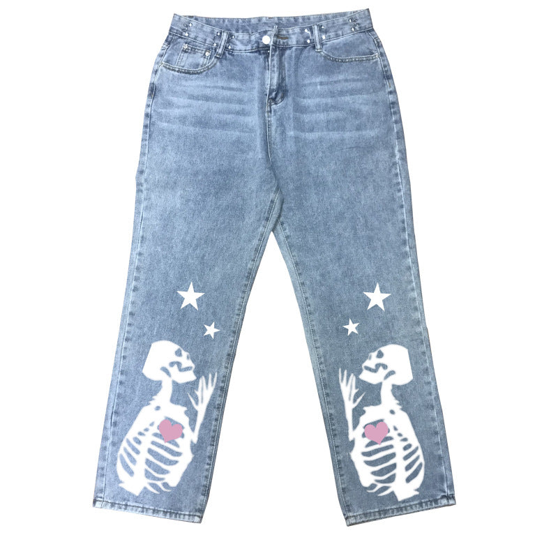 Skull Pentagram Creative High Waist Adjustable Button Loose Straight Mop Jeans
