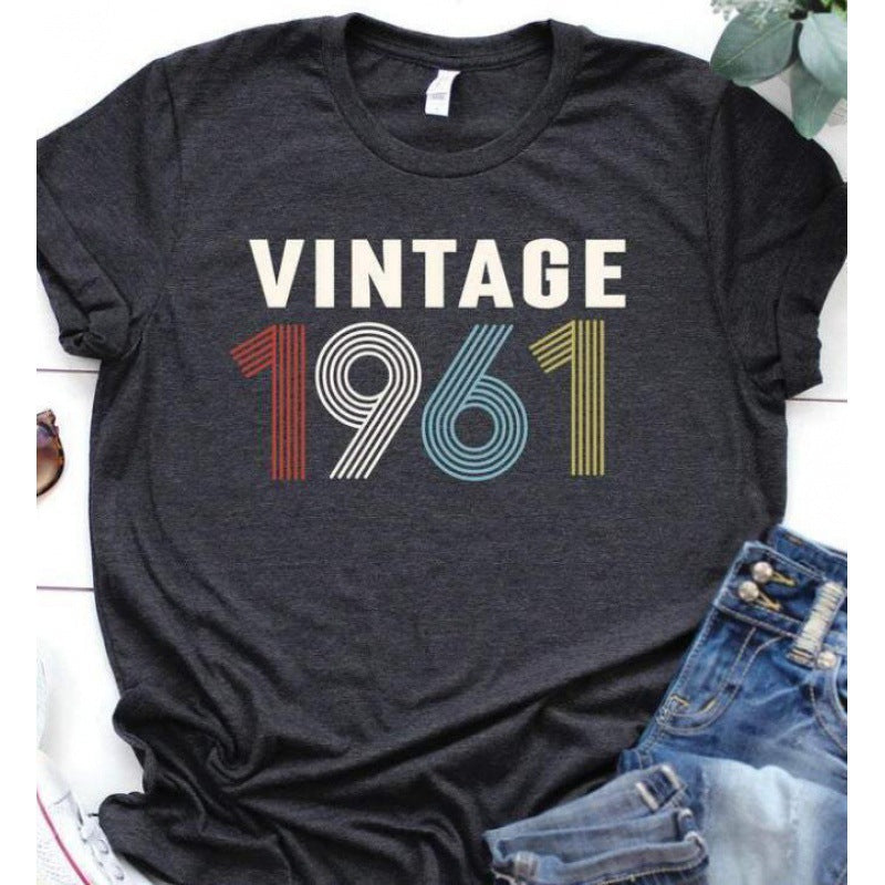 European And American Retro Color Digital Print T-shirt Short-sleeved Top