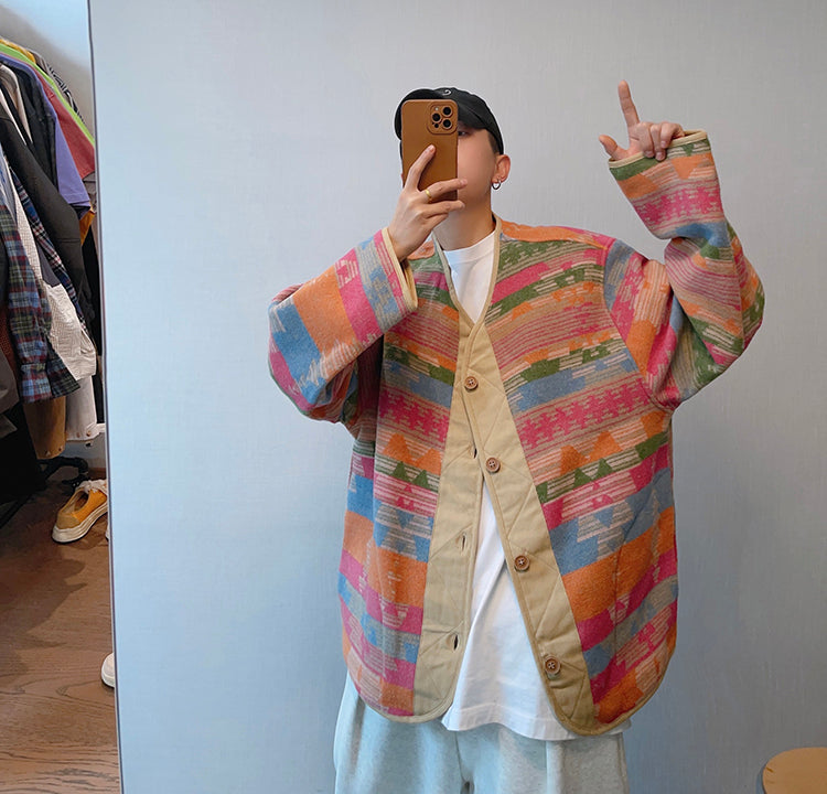 Retro Loose Ethnic Style Contrast Color Woolen V-neck Buttons Rainbow Jacket For Men