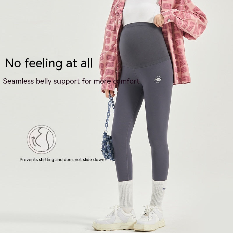 Gravide kvinders leggings, fleece, forår og efterår, sømløse, høj elastiske, maveunderstøttende, tynde yogabukser