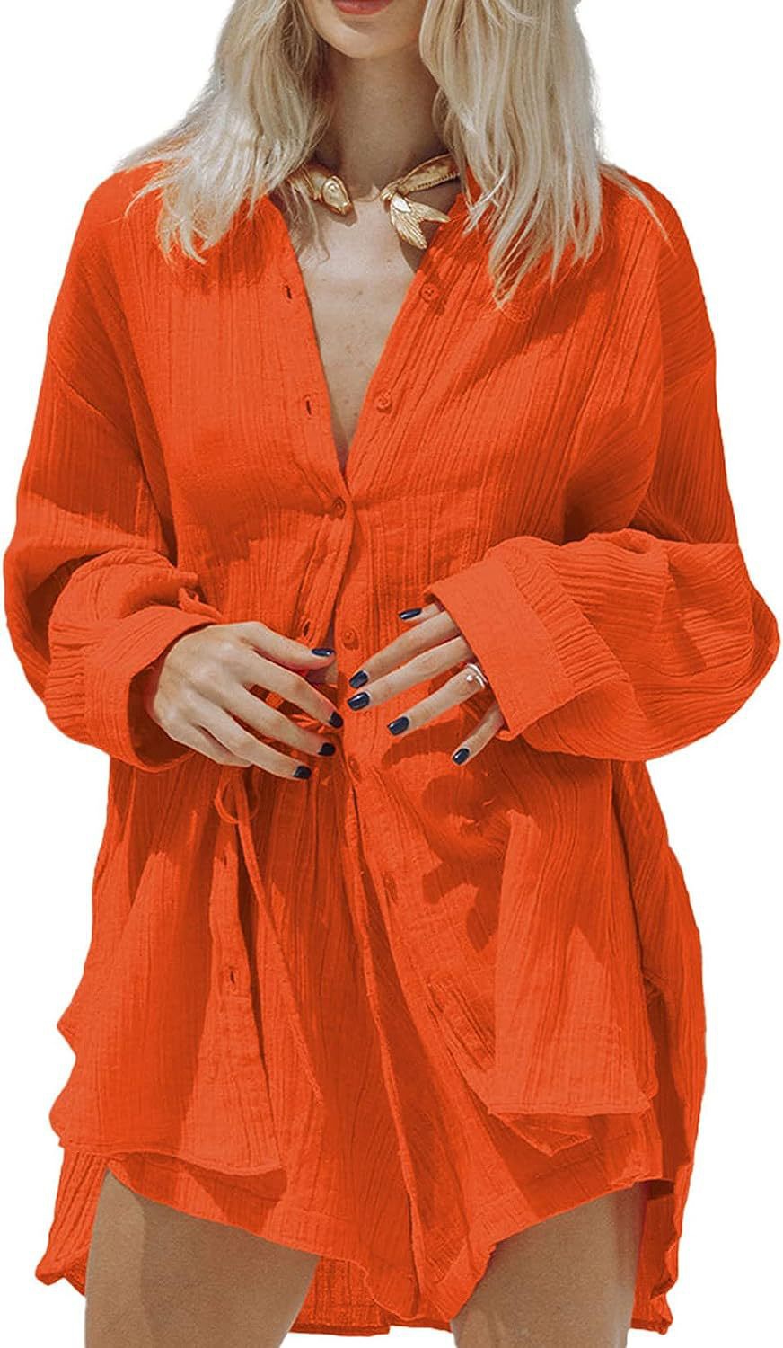 Women's Casual Long-sleeve Shirt And Shorts Set