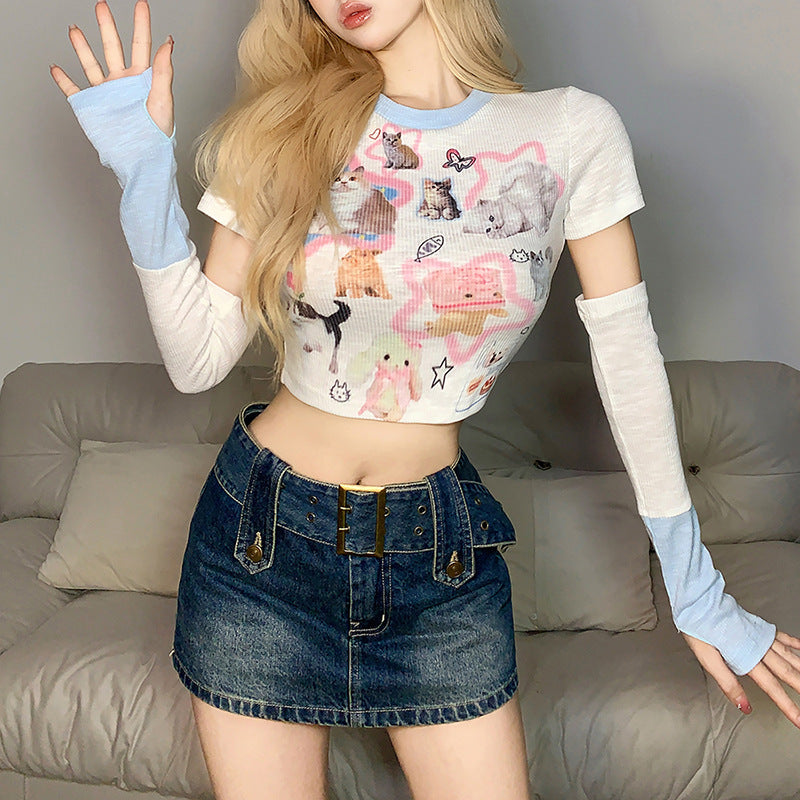 Oversleeves Cat Printing Round Neck Slim Fit Waist Exposed Navel T-shirt