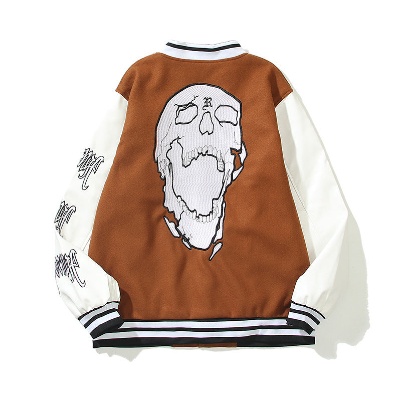 Men's And Women's Skull Embroidery Leather Sleeve Stitching Baseball Uniform Jacket