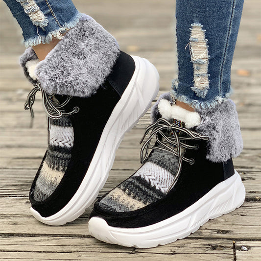 Snørestøvler til kvinder med lodne farver, blød sål, platform, termoforing, vintersneakers, skridsikre plys støvler