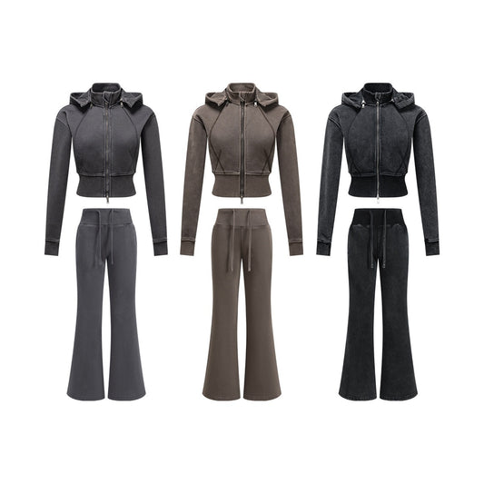 Two Piece Set Of Velvet Slimming Waist Zipper Sweatshirt Cardigan Casual Pants