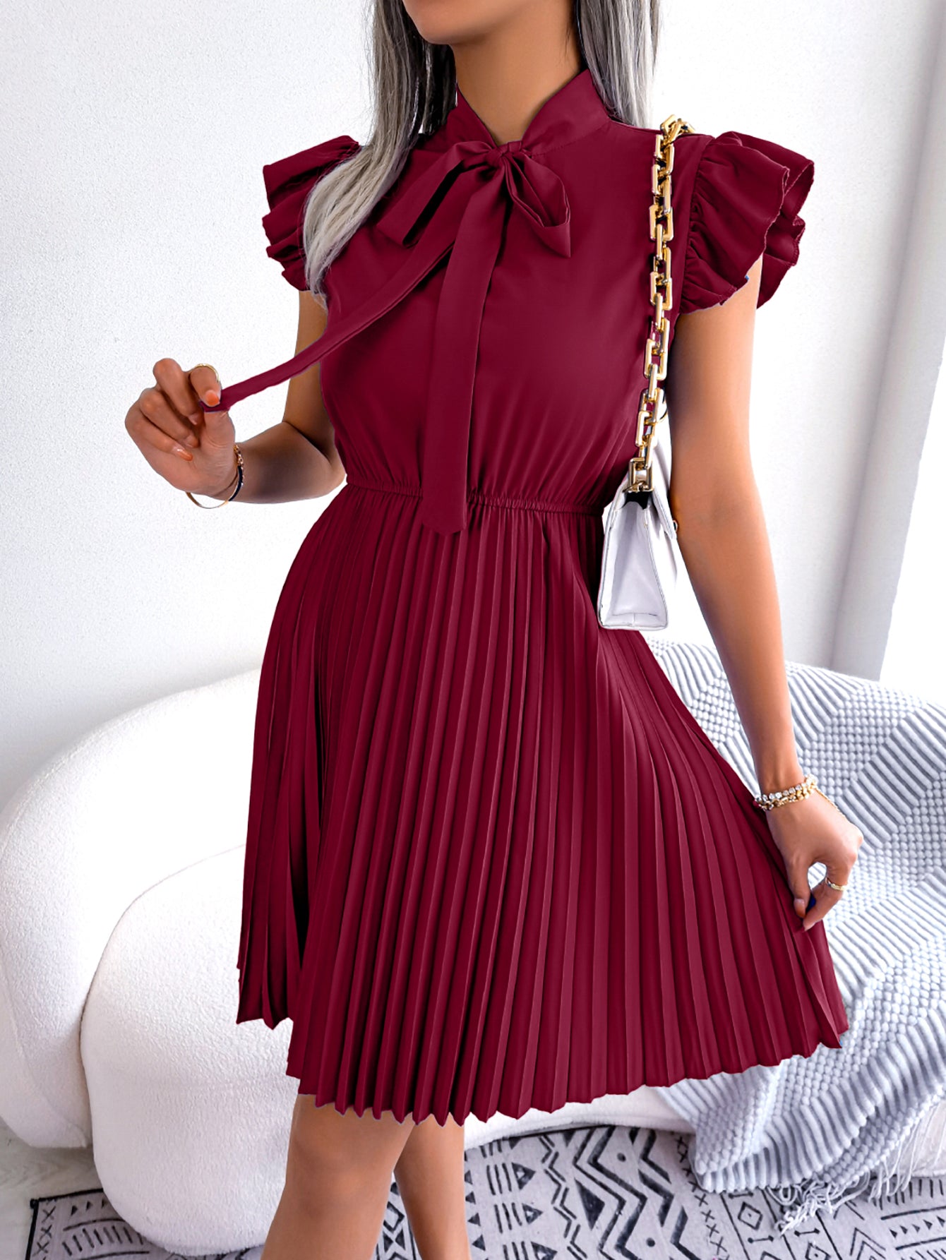 Women's Elegant Tie Waist Flowy Pleated Skirt
