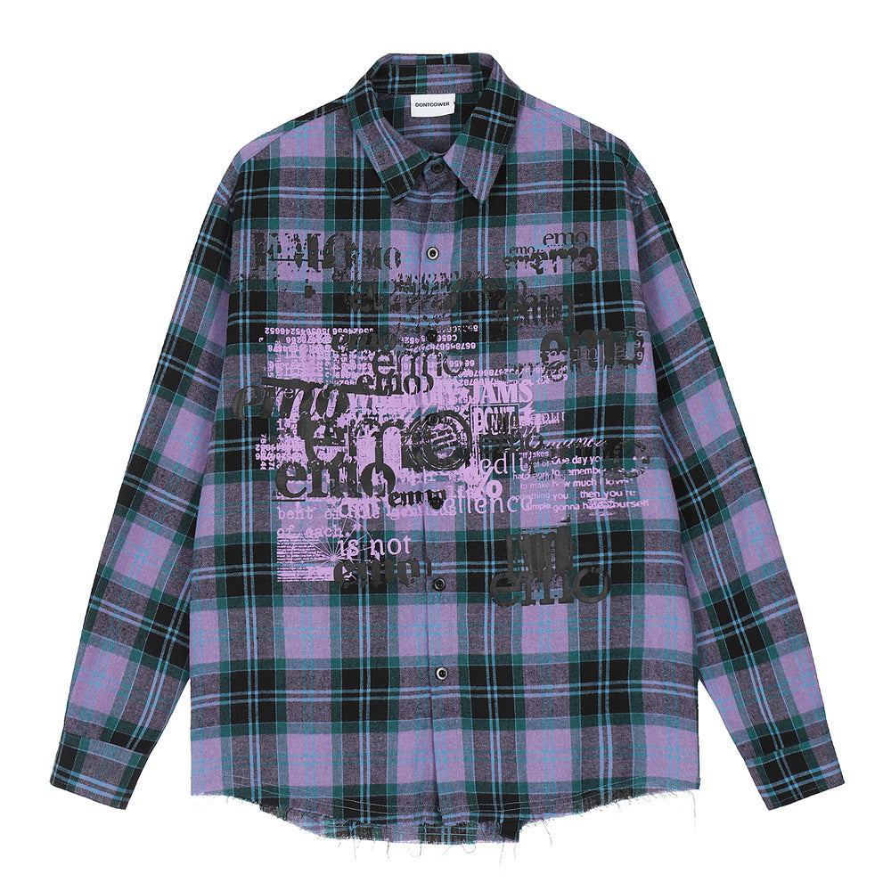 Plaid Long Sleeve Shirt Men's Letter Printed Cardigan