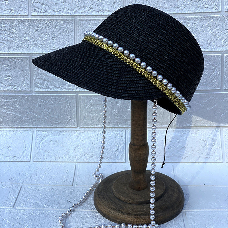 Handmade Pearl Chain Black Straw Hat