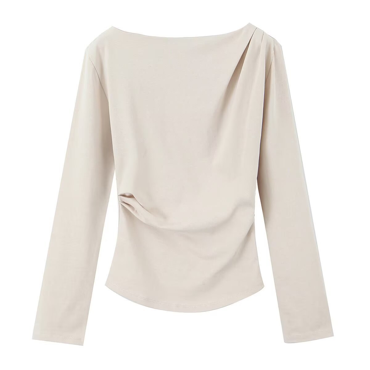 Spring New Simple And Versatile Long-sleeve Asymmetrical Elastic Top For Women With Pleats