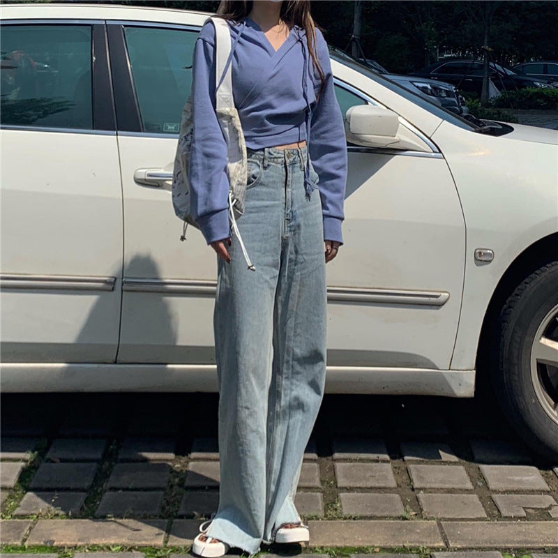 Nyt Fashion Ins Design Hættetrøje med Krydsrem og Kort Sweater