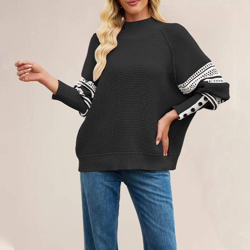 Fashionable Knitted Color-Block Mock-Neck Pullover Sweater