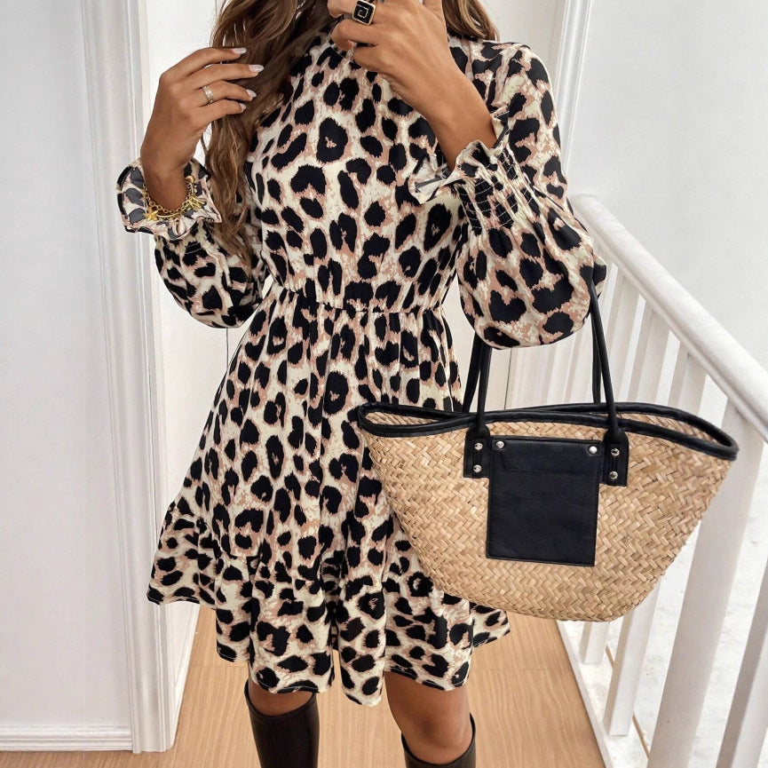 Leopard-print Cuff And Collar Ruched Waist Long-sleeve Dress