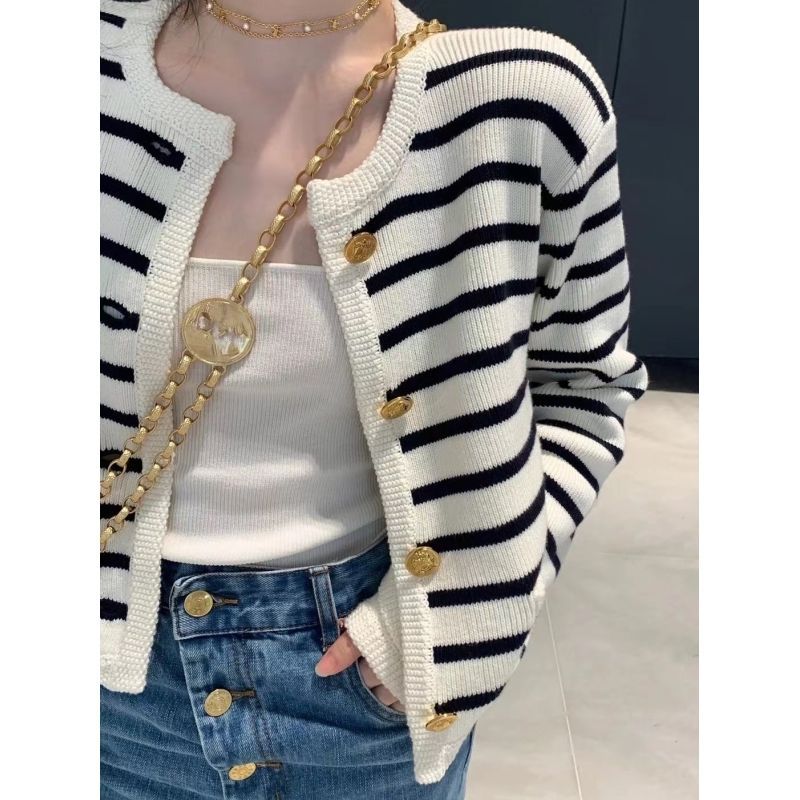 Color Blocking Striped Round Neck Small Fragrant Style Knitted Sweater