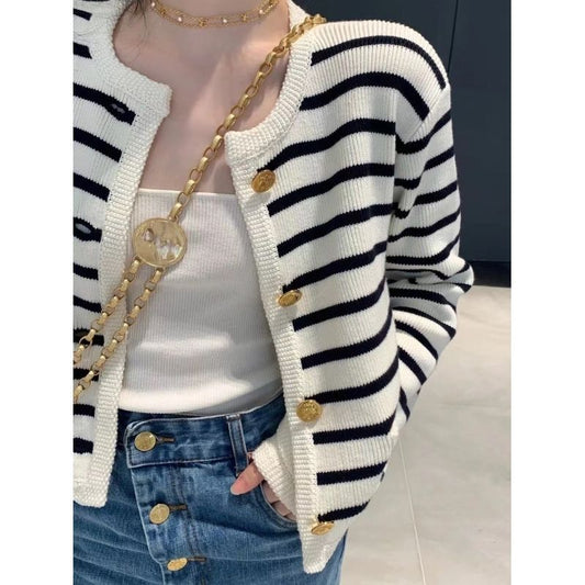 Color Blocking Striped Round Neck Small Fragrant Style Knitted Sweater