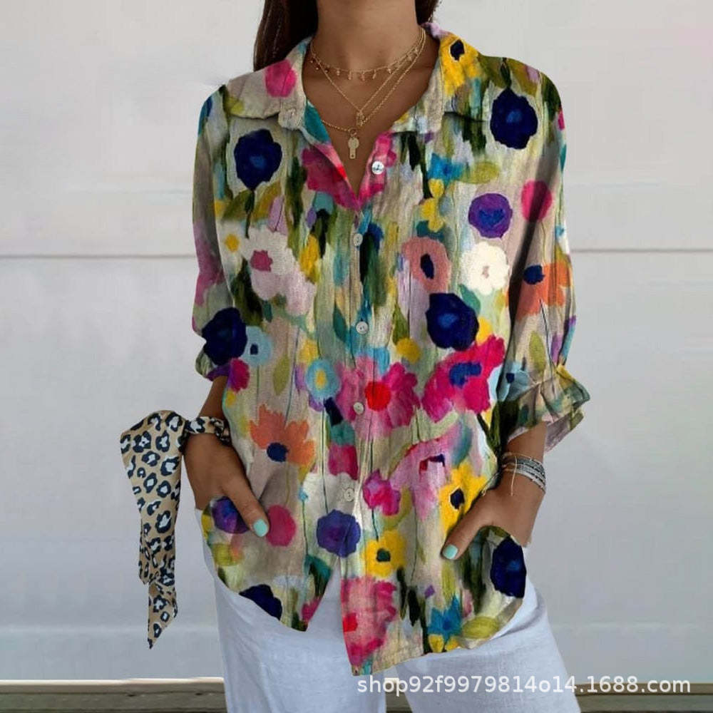 Womens Floral And Green Leaf-print Long-sleeve Blouse