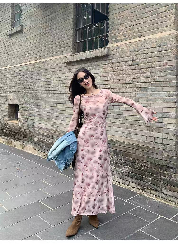 Two-piece Women's Flared Sleeve Waist-cinching Slim-fit Elegant Long Dress