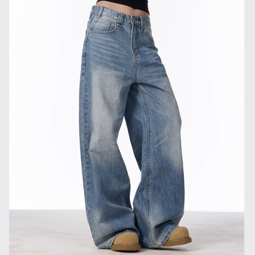 Retro Worn Looking Washed-out Jeans Women's Loose Straight Wide-leg Pants