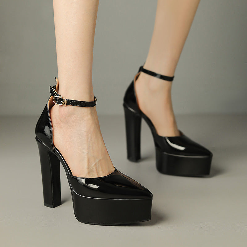 Pointed Patent Leather Buckle Hollow Chunky Heel Sandals
