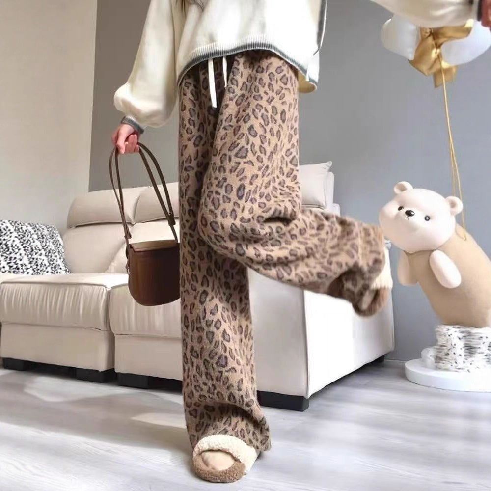 Heavy Weight Leopard Print Wide-leg Pants Spring And Autumn Women's Clothing