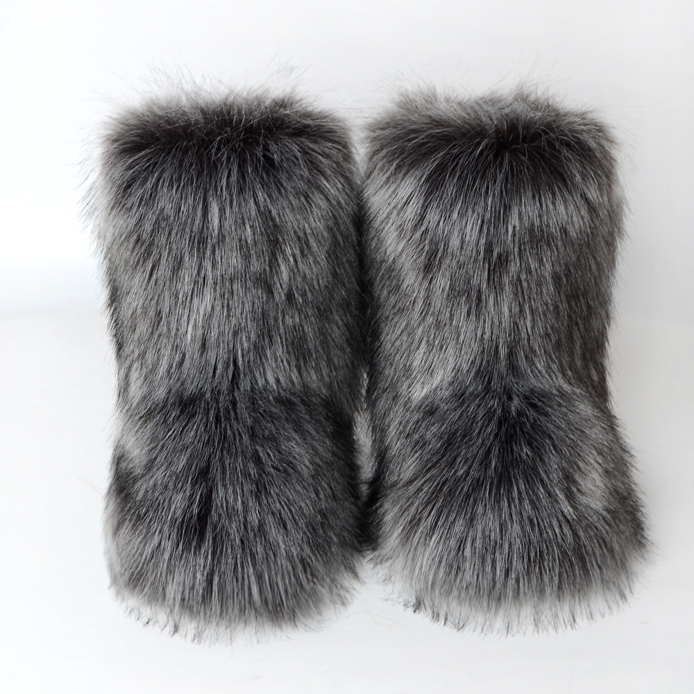 Winter Fur Integrated Imitation Raccoon Fur Women's Snow Boots Fluffy Shoes Outdoor Middle Boots
