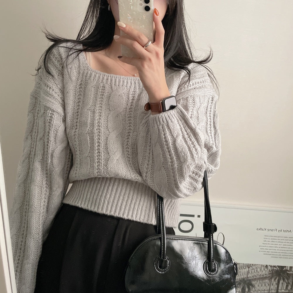 Cable-knit Sweater Lantern Sleeve Solid Color Square Collar Pullover Sweater