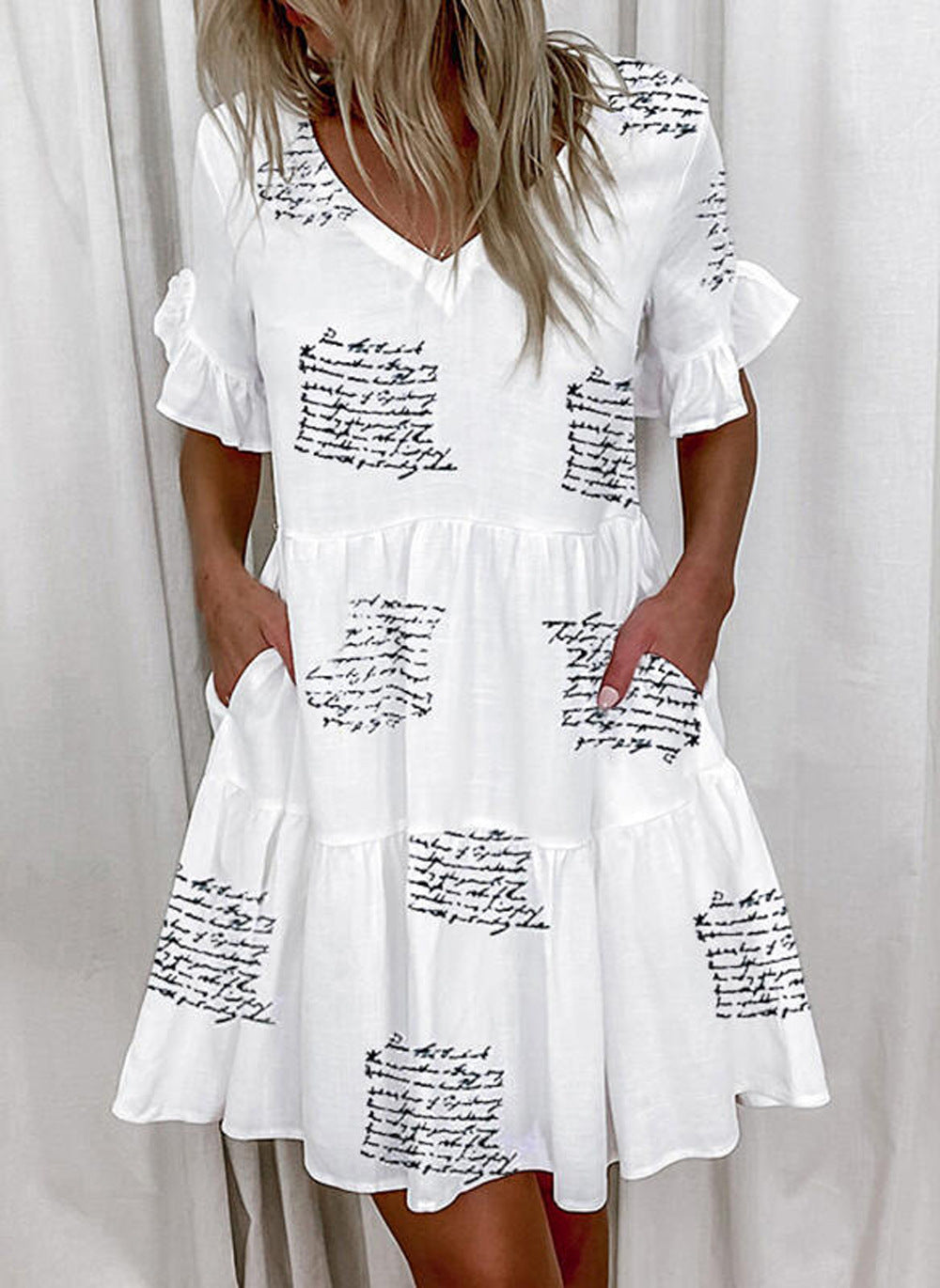 Fashion Printed Ruffle Pocket Short Dress