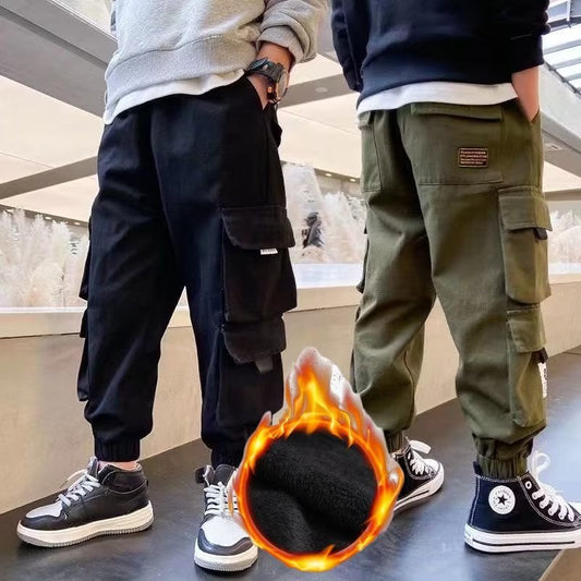 Men's Medium And Large Children's Multi-bag Fleece Ankle-tied Casual Working Pants Tide