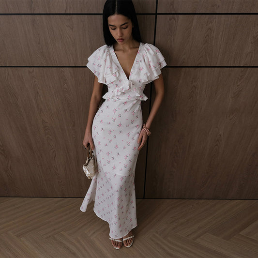 V-neck Ruffled Hemline Slim-fit Maxi Dress
