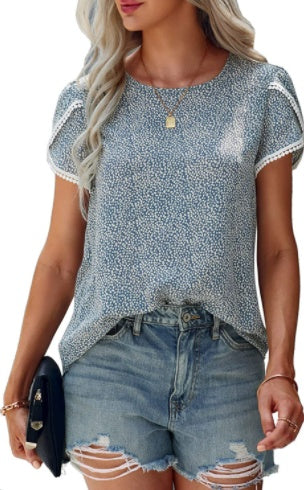 Lace Stitched Polka Dot Short Sleeved T Shirt Chiffon Top