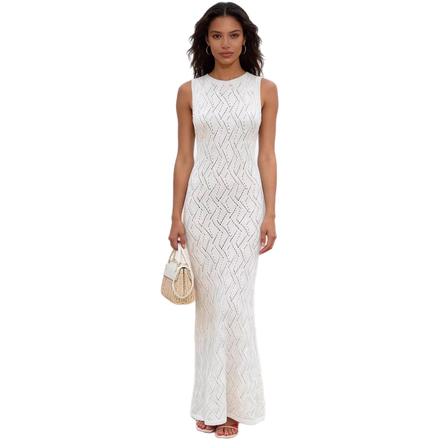 Solid Color Cutout Figure Hugging Knit Dress With A Round Neck And No Sleeves