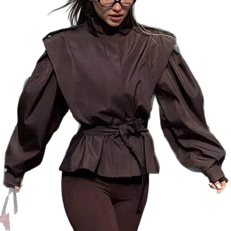 Women's Vintage Stand Collar Loose Long Sleeve Trench Coat Short Jacket