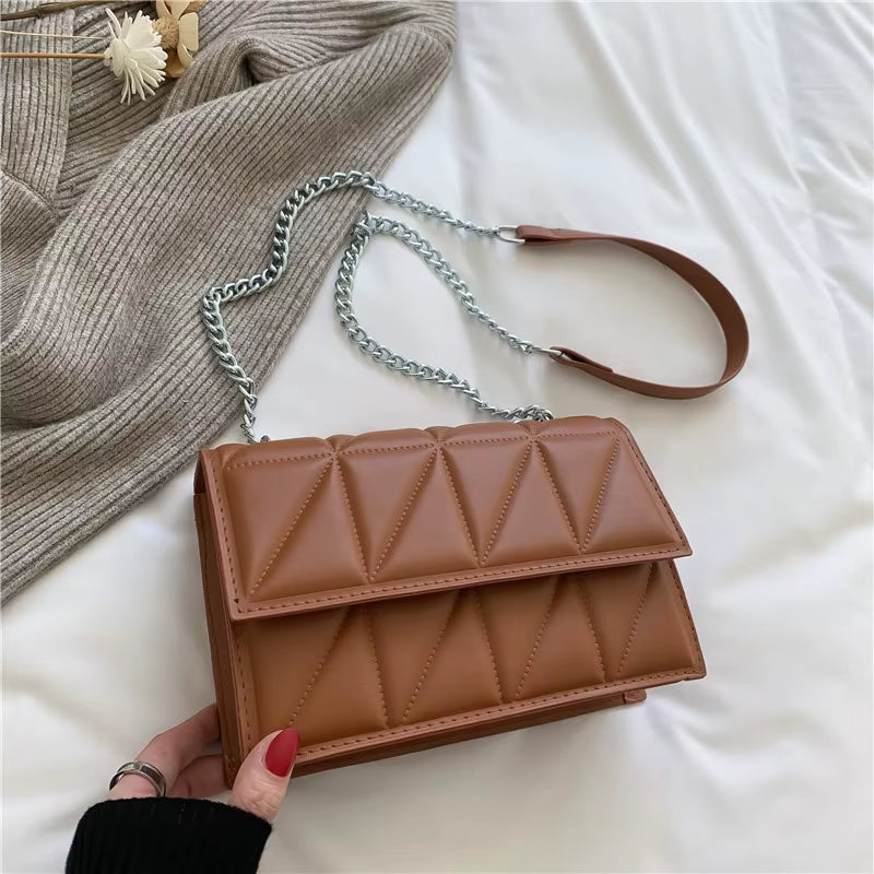 Solid Color Chain Strap Flap Shoulder Bag for Women, Embroidered Plaid Crossbody Handbag for Everyday Use