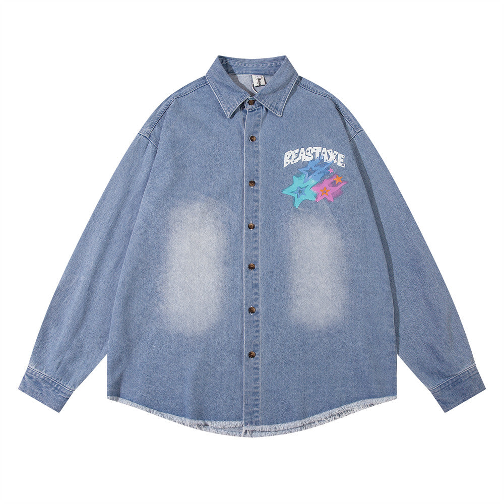 Design Five-pointed Star Graffiti Printing Denim Shirt