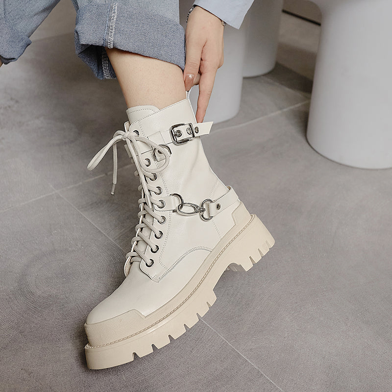 Women's Full Leather British Style Thick Sole Martin Boots