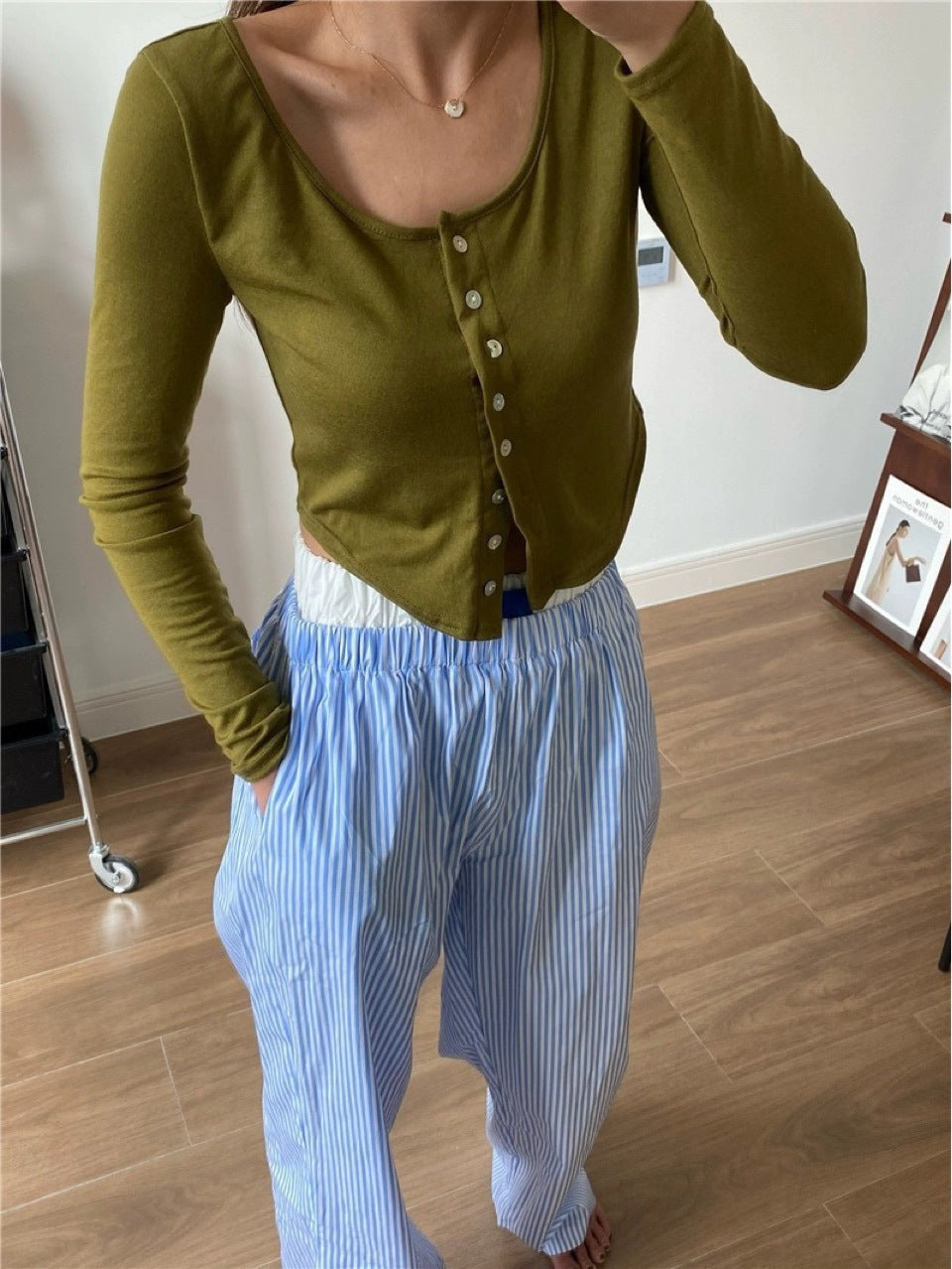 Vertical Stripes Stitching Waist Elastic Wide Leg Pants Fake Two Pieces