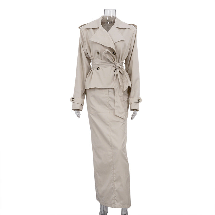 Turn-down Collar Long-sleeve Trench Coat And Commuter Two-piece Set
