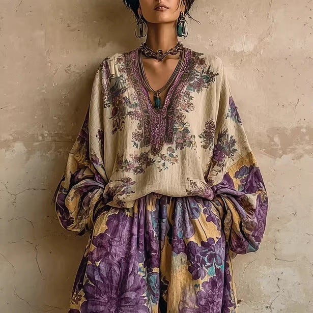 Retro Positioning Floral Women's Loose Casual Suit
